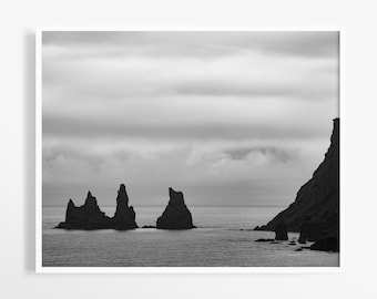 Vik Iceland print - Black and white photography - Coastal wall art - Black beach ocean prints