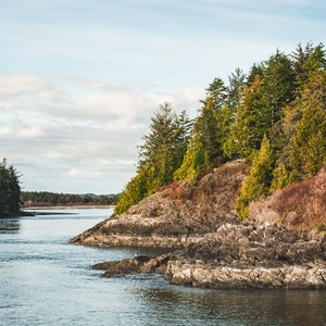 May include: A scenic coastal landscape featuring a rocky shoreline and lush evergreen trees. The water is calm, reflecting the sky and clouds. The scene evokes a sense of tranquility and natural beauty.