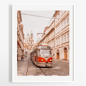 Red tram Prague art print - Original Europe photography wall decor - Pastel vintage home - Black and white