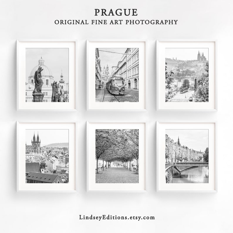 May include: A set of six black and white photographs of Prague, Czech Republic. The photos feature various landmarks, including a statue, a tram, a bridge, and a church.