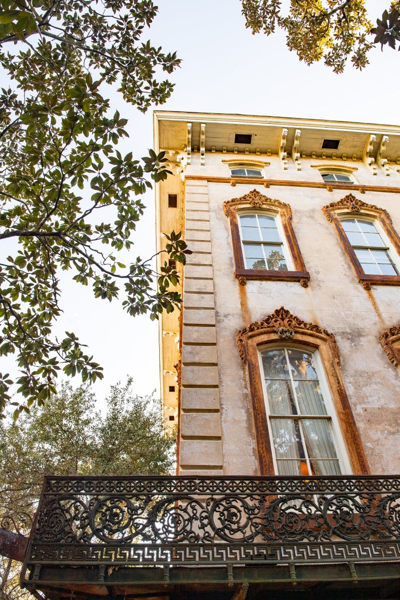 Pu&ograve; includere: Vista dal basso di un edificio storico con cornici di finestre ornate e un balcone decorativo in ferro battuto. La facciata dell'edificio &egrave; beige chiaro con accenti color ruggine. Il fogliame verde incornicia la parte superiore e il lato sinistro.