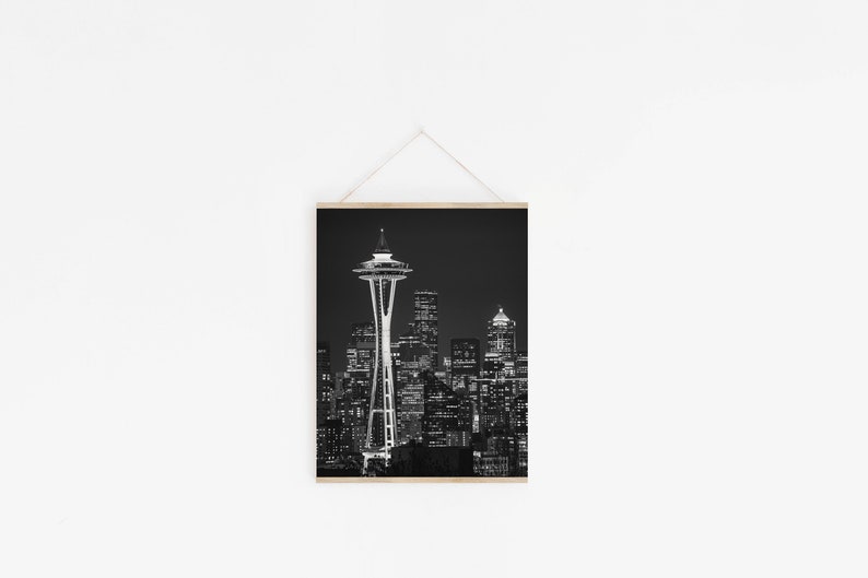 Seattle photography Black and white skyline Space Needle photo print Washington wall art PNW travel decor Cityscape image 1