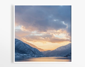 5x5 Utah mountain lake print - Small square art print photograph - Sunset nature Winter photo - Deer Creek - Fine art photo gift