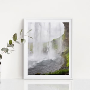 May include: A framed photograph of a waterfall cascading down a cliff face. The water is white and misty, contrasting with the dark green vegetation and gray rock. A sprig of greenery in a glass jar is in the foreground.