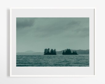 May include: A framed print featuring a serene seascape. Two small islands with dark green trees are in the center of the image, set against a backdrop of a cloudy, teal-toned sky and water. A mountain is visible in the distance.