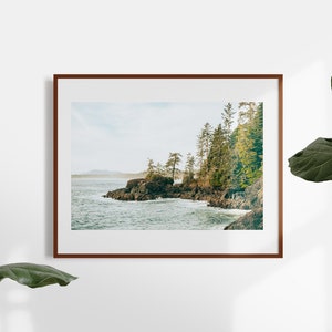 Pu&ograve; includere: Una stampa incorniciata di un paesaggio costiero. L'immagine mostra una costa rocciosa con alberi sempreverdi e l'oceano sotto un cielo nuvoloso. La cornice &egrave; di colore marrone scuro e la stampa &egrave; esposta su una parete bianca.
