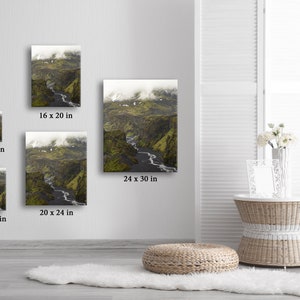 May include: A series of landscape canvas prints in various sizes, including 8 x 10 inches, 11 x 14 inches, 16 x 20 inches, 20 x 24 inches, and 24 x 30 inches. The artwork depicts a river winding through a green canyon under a cloudy sky.