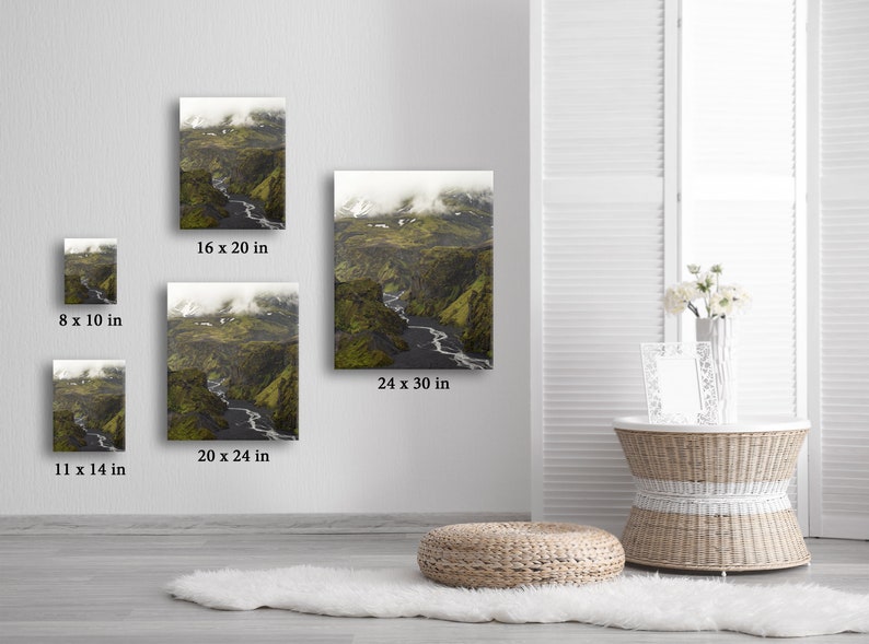 May include: A series of landscape canvas prints in various sizes, including 8 x 10 inches, 11 x 14 inches, 16 x 20 inches, 20 x 24 inches, and 24 x 30 inches. The artwork depicts a river winding through a green canyon under a cloudy sky.