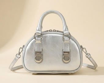 Minibolso de bolos plateado metalizado para mujer, bolso de mano de cuero con asa superior, bolso pequeño cruzado, bolso de fiesta, regalo de Navidad para ella.