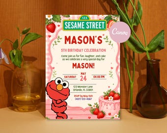 Elmo 5th Birthday Invitation, Strawberry Birthday Party Invite, Sesame Street Kids Party, Editable Canva Digital Template