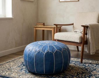 Handmade Blue Leather Moroccan Pouf Ottoman – Boho Chic Floor Cushion Seat