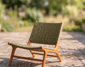 Moroccan Handwoven Leather Accent Chair – Mid Century Modern Solid Wood Lounge Seating – Boho Decor