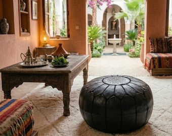 Puf de cuero negro hecho a mano, otomana, decoración bohemia