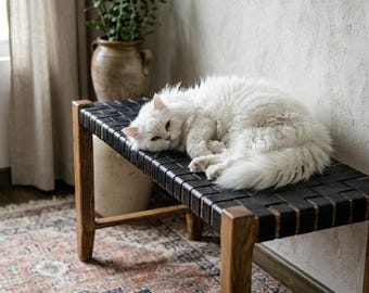 Woven Black Leather Bench – Rustic Wood Frame, Boho Entryway Seating