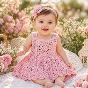 May include: A baby wearing a handmade pink crochet dress and a matching headband with a flower. The dress has a square neckline and a flared skirt. The baby is smiling, sitting outdoors surrounded by flowers.
