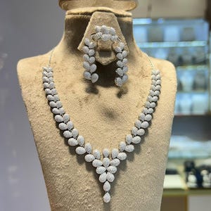 Peut inclure: Une parure de bijoux argentée composée d'un collier, d'un bracelet, d'une bague et d'une paire de boucles d'oreilles. Chaque pièce présente un motif répétitif d'éléments en forme de goutte incrustés de petites pierres claires et scintillantes.