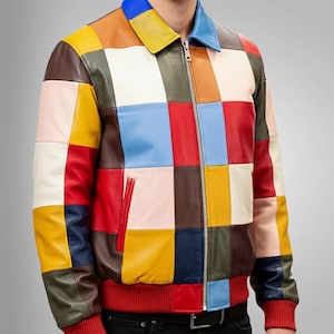 Handmade Multi-Color Patchwork Leather Jacket Vintage Checkered Retro Bomber Casual Streetwear Men’s Fashion Coat