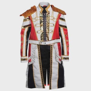 May include: A long-sleeved military-style jacket featuring a red, white, and black color scheme with gold metallic accents. It includes gold fringe epaulets, a central zipper closure, decorative gold cord braiding, and a belted waist design.