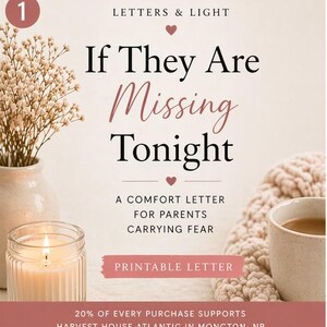 Puede incluir: Imagen con una vela en un tarro de cristal, un jarrón con flores secas y una taza de café. El texto dice "If They Are Missing Tonight" y "A Comfort Letter for Parents Carrying Fear". Las palabras "Printable Letter" también son visibles.