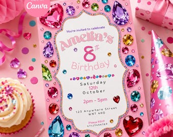 May include: A pink birthday invitation card featuring a central white panel with the text Amelia's 8th Birthday, Saturday 12th October, 2pm-5pm, 123 Anywhere Street, WN7 4HD, and Please RSVP 07123456789, surrounded by colorful gemstone illustrations.