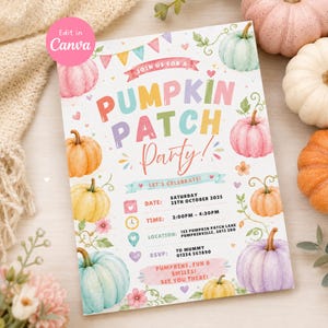 Puede incluir: Una tarjeta de invitación rectangular con ilustraciones en acuarela de calabazas en tonos pastel, pequeñas flores y corazones. El texto dice: JOIN US FOR A PUMPKIN PATCH PARTY! LET'S CELEBRATE! DATE: SATURDAY 25TH OCTOBER 2025, TIME: 2:00PM - 4:30PM.