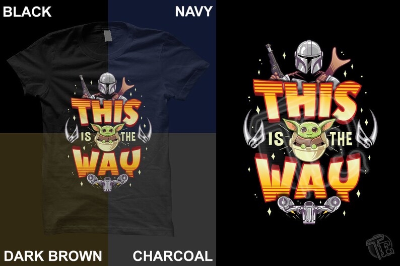 Może przedstawiać: Czarny T-shirt z nadrukiem graficznym postaci z kresk&oacute;wki z franczyzy Star Wars. Grafika przedstawia postać Mandalorianina z zieloną postacią obcego w kapsule. Tekst "This is the Way" jest nadrukowany ż&oacute;łtymi i pomarańczowymi literami.