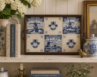 Vintage Delft Blue Tile Serving Tray | Dutch Windmill Decorative Wooden Tray | Blue & White Ceramic Tile Tray | Cottage Farmhouse Decor