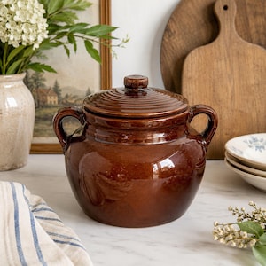 Vintage Brown Glazed Stoneware Bean Pot with Lid | Rustic Crock Pottery, Farmhouse Kitchen Decor