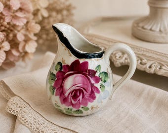 Vintage Floral Creamer Pitcher | Hand-Painted Porcelain Milk Jug | Antique Cottagecore Decor | Shabby Chic Rose Pitcher