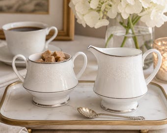 Juego de cremera y azucarero Noritake Baroness vintage / Juego de té de porcelana blanca / Adorno floral plateado / Elegante dúo para servir café
