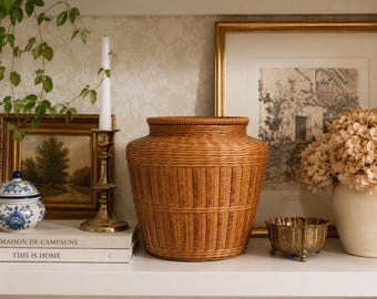 Vintage Woven Rattan Basket Vase | Boho Wicker Floor Basket | French Country Decorative Basket | Rustic Home Decor