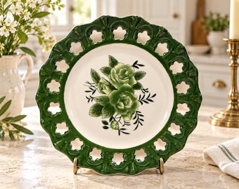 Assiette décorative Rose Verte, bord festonné ajouré, assiette en céramique de 16,5 cm, style campagne française