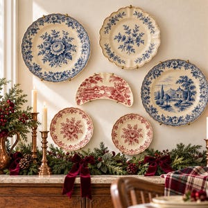 May include: A collection of six decorative ceramic plates mounted on a wall, featuring blue and white floral patterns, red and white floral designs, and a central crescent-shaped plate with a red landscape scene, arranged above a mantel.