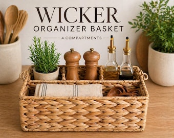 Wicker Organizer Basket with Compartments | Handwoven Storage Caddy | Rustic Farmhouse Decor | Bathroom Kitchen Desk Organizer