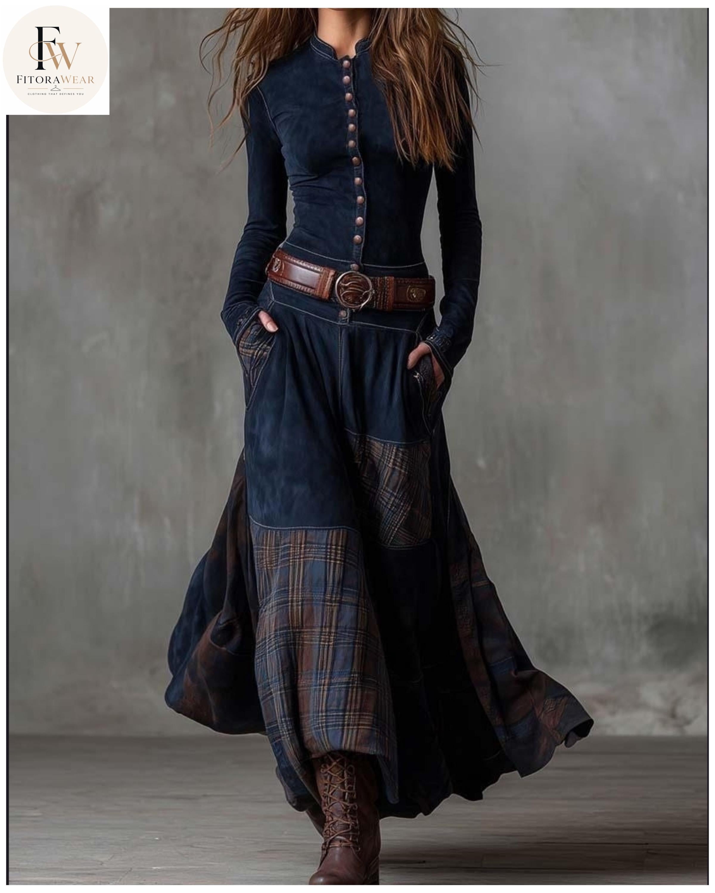 chinese dress ladies Patchwork Boho Denim Midi Dress with Ruffle Hem Latte / Medium main image 1
