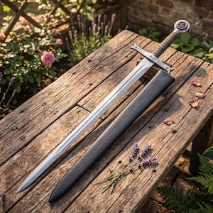 May include: A medieval-style sword with a silver blade and cross-shaped hilt rests on a weathered wooden surface. The sword has a detailed handle and a circular pommel with a red cross emblem. A black scabbard lies beside it. The scene is set outdoors with flowers.