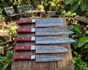 Hand Forged Damascus Steel Chef Knife Set, 5 Pcs Kitchen Knives, Rosewood Handle