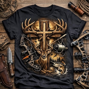 May include: A black t-shirt featuring a graphic print of a wooden cross, a deer with large antlers, a compound bow, a fishing reel, and a jumping fish. The design incorporates earthy brown and gold tones, showcasing outdoor hunting and fishing themes.
