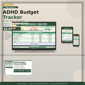May include: Digital ADHD Budget Tracker bundle with a green and white design. The image shows a computer screen, a tablet, and a phone displaying the budget tracker. The tracker includes spending breakdowns, savings goals, and expense tracking.