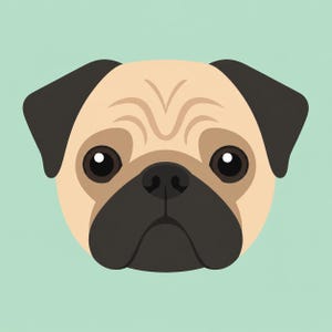May include: A cartoon illustration of a pug dog's face. The dog has a tan face with black ears, a black muzzle, and large, round eyes. The background is a light teal color.