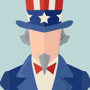 Op de afbeelding: Illustratie van Uncle Sam, een patriottische figuur. Hij draagt een blauwe jas, een rode vlinderdas en een hoge hoed met rode en witte strepen en witte sterren op een blauwe band. De achtergrond is lichtblauw.