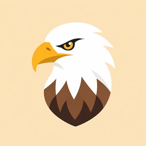 Peut inclure: Illustration stylisée d'une tête d'aigle à tête blanche. L'aigle présente une tête blanche, un bec jaune et un cou brun. L'œil est jaune avec un contour noir, sur fond beige clair.
