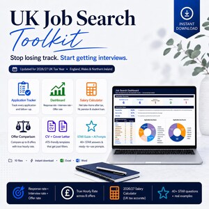 Op de afbeelding: Een digitale afbeelding voor een UK Job Search Toolkit, met de titel in blauw script. De afbeelding bevat pictogrammen voor applicatietracking, salariscalculator en cv-sjablonen. Een laptop toont een job search dashboard.