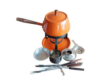 Juego de fondue vintage de los años 70, olla para fondue, estilo MCM moderno, naranja, retro, esmalte.