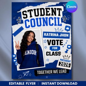 May include: A blue student council campaign flyer featuring a photo of a person in a blue hoodie making a peace sign. The text reads STUDENT COUNCIL, KATRINA JHON VOTE FOR CLASS PRESIDENT 2026, and TOGETHER WE LEAD, decorated with icons.