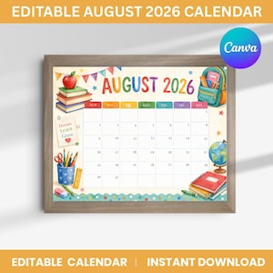 Editable August 2026 Calendar, Printable Monthly Planner PDF, Letter Size Organizer for Kids, School, Work, Office, Home, Instant Download