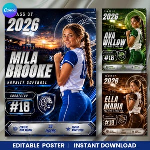 Softball Poster Canva Template | Softball Background For Custom Sports Posters, Senior Banners, Cards, Memory Mates | Non-Photoshop Template