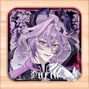 May include: Square coaster featuring an anime-style character with lavender hair and red eyes. The character is set against a purple floral background. The name "Duril" is written in gothic script at the bottom. The coaster has a dark red border.