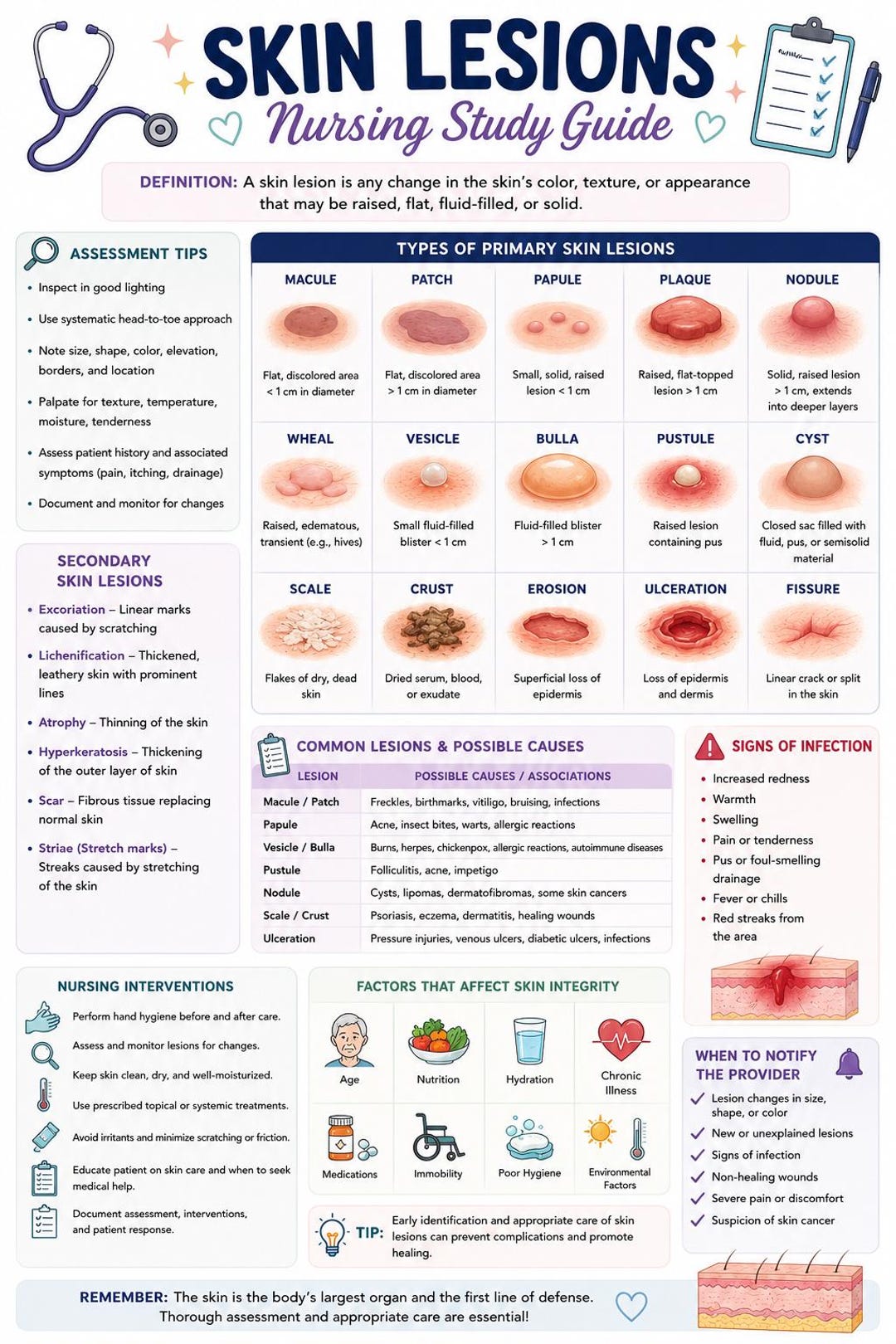 Skin Interventions Algorithm Skin Lesions Nursing Study Guide: Primary, Secondary, Assessment ...