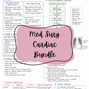 May include: A medical study guide titled "Med Surg Cardiac Bundle" with handwritten text and diagrams. The guide covers heart failure, including types, pathophysiology, signs, symptoms, nursing assessments, medications, and patient teaching.